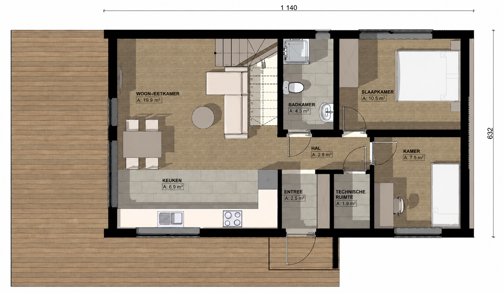 Plattegrond modulaire woning 70m² - begane grond